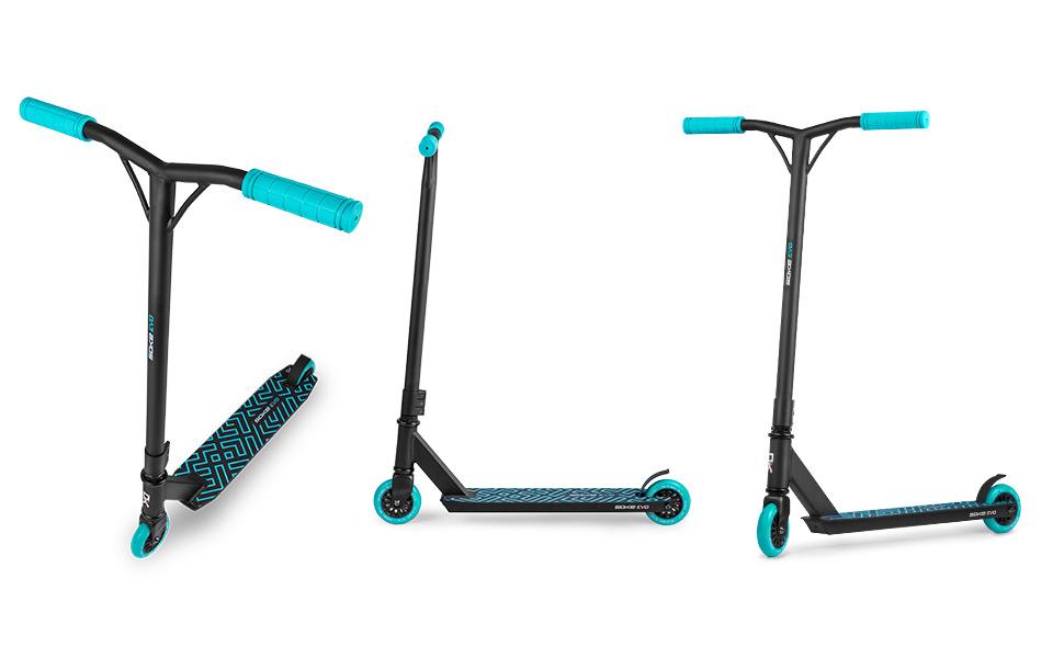SOKE Evo: Скутер для екстремального катання в скейтпарку – ABEC-9 підшипники з вуглецевого волокна, сталеві, PU-колеса 88A, Y-образний кермо з TPR-покриттям, алюмінієва дека (чорний/синій)