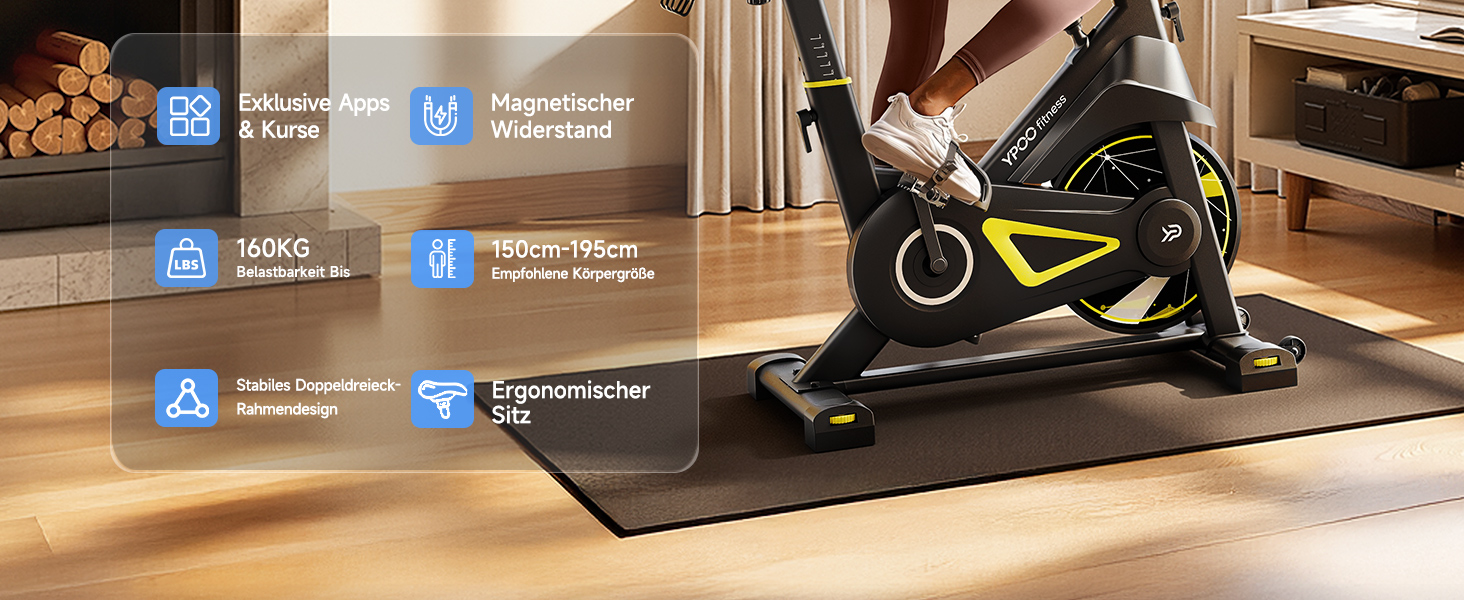 YPOO Велотренажер для дому, тихий велотренажер з регульованим магнітним опором, велотренажер для кардіотренувань з комфортним сидінням, тримачем для планшета, LED-монітором, до 160 кг, чорний