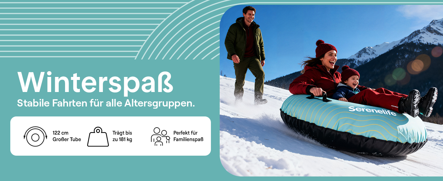 Надувний сніговий санки SereneLife – XXL, 122 см, для дітей та дорослих, з антиковзним дном та тросом.