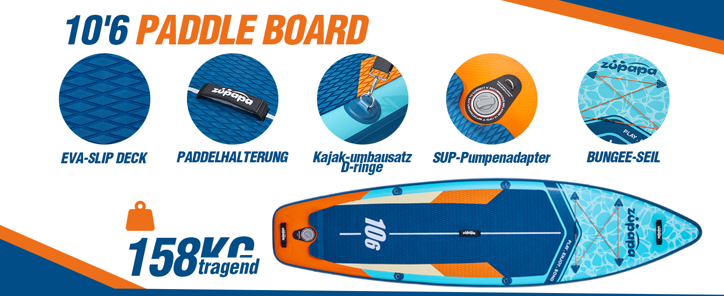Надувний SUP Борд Zupapa 366см/320см | Комплект Stand Up Paddle Board з сидінням для каяка | З аксесуарами (320см, 366см, Чорний, Білий, Сірий, Синій, Оранжевий)