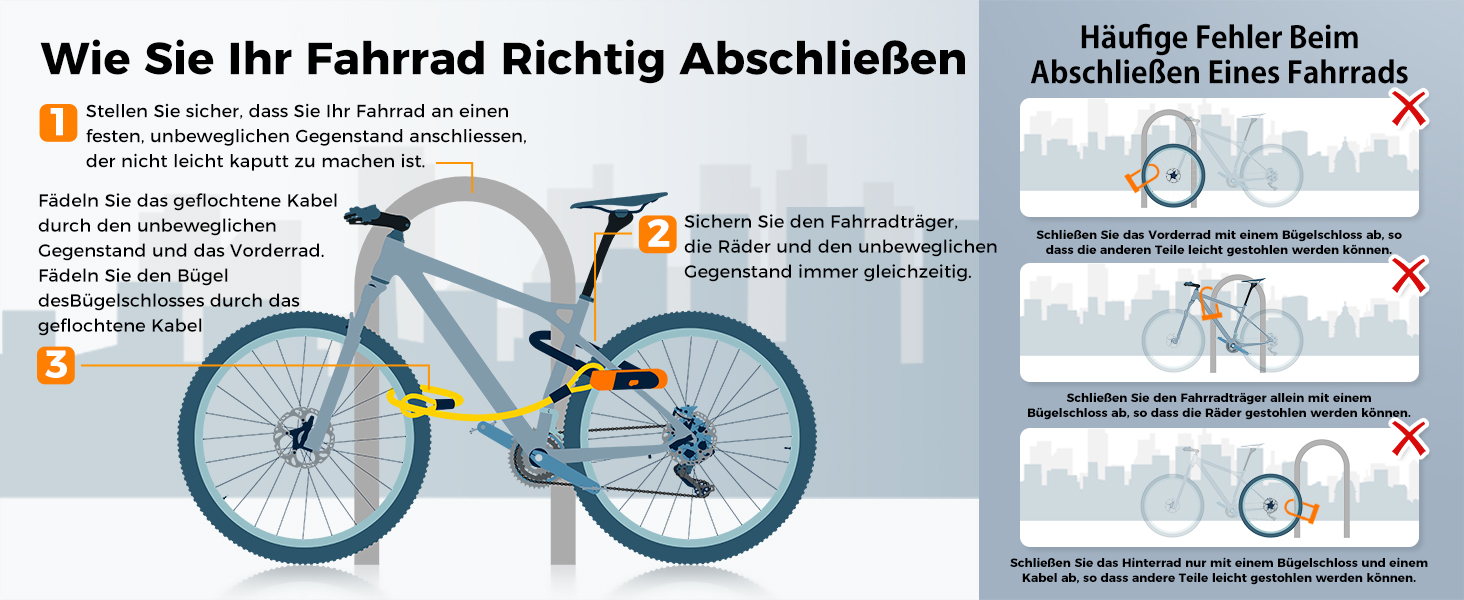 Замок для велосипеда Sportneer Bügelschloss 20 мм: висока безпека, сталевий трос 1.8 м, монтажний кріплення