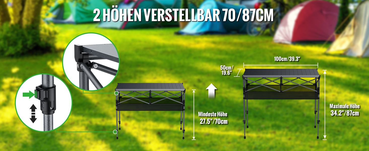 Складний туристичний стіл GARLLEN 100x50 см, 2 положення висоти (70/87 см), з розкатною стільницею, сталевий, для пікніка, грилю, саду, включно з сумкою