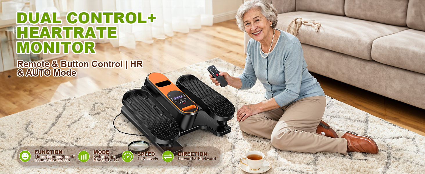 Електричний еліптичний тренажер для дому під стіл з пультом дистанційного керування, дисплеєм, 12 швидкостей, тихий та портативний степер для літніх людей, підлітків та дорослих.