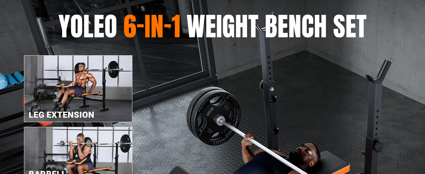 Складана тренажерна лава YOLEO 6 в 1 з підставками для штанги, регульована, для дому, з жимовою лавою та жимовою банківкою для пресу та згинанням ніг