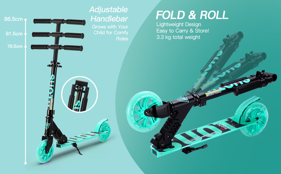 Самокат дитячий SUOTU з колесами 145 мм, до 100 кг, світлодіоди, складаний, регульована висота, для хлопчиків та дівчаток, алюмінієвий (Чорно-синій)