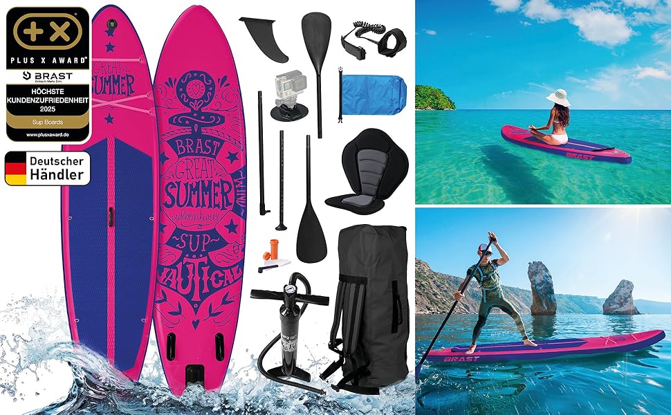 SUP дошка BRAST Summer надувна, 320x81x15 см, рожева: комплект з аксесуарами (рюкзак, весло 2-в-1, сидіння для каяка, тримач для екшн-камери, ліш)