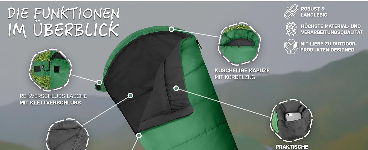 Сплячий мішок NORDBÄR® 3 сезони/літо, ультралегкий [750г/1500г] | Спальний мішок-кокон для кемпінгу | Компактний | Outdoor, подорожі, гірські хатини | Літній спальний мішок, зелений
