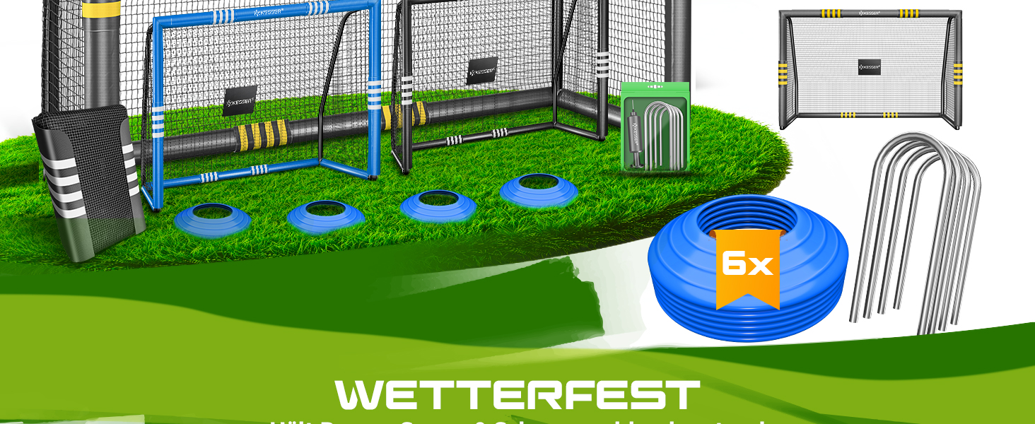 Ворота для футболу KESSER® для саду: міцні, для тренувань на вулиці, з UV-стійкою сіткою, сталевий каркас з покриттям, земляні кілки, насос, фішки, аксесуари для монтажу (240см, антрацит)