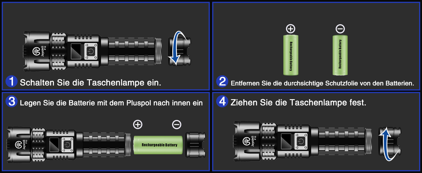 Ліхтар Jayxinli 500000 Люмен, акумуляторний, надпотужний, з регулюванням фокусу, 3 режими, тактичний, для кемпінгу, надзвичайних ситуацій та повсякденного використання, чорний