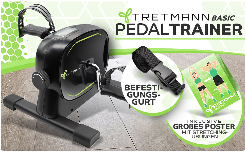 Тренажер для ніг Tretmann Basic Pedaltrainer — міні-велосипед для літніх людей та реабілітації, стійкий та безшумний, чорно-зелений