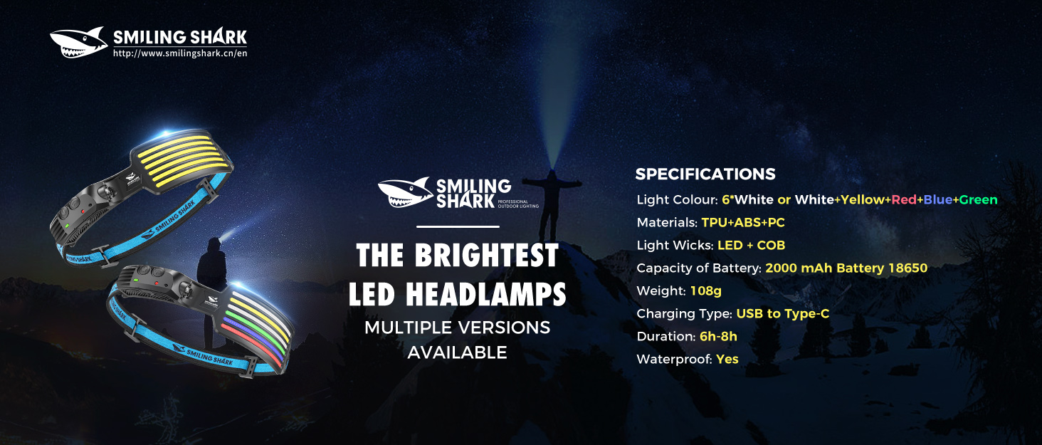 Ліхтар налобний акумуляторний Smiling Shark з LED, водонепроникний, для кемпінгу, бігу, риболовлі