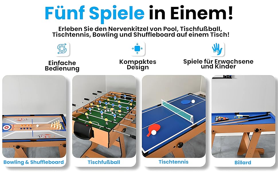 SereneLife 5-в-1 Мультифункціональний стіл: більярд, пінг-понг, кікер, аерохокей, шафлборд – для дітей та дорослих (складний)