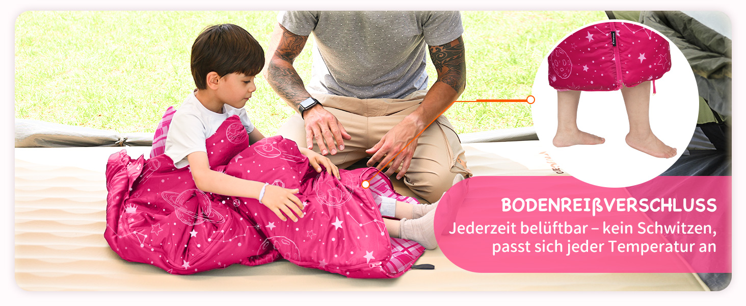 Спальний мішок KingCamp для дітей, фланелевий, легкий, водонепроникний, компактний, зимовий, 4 сезони, для кемпінгу, підходить для дітей до 140 см, комфортна температура: 7°C, рожевий, регульована довжина