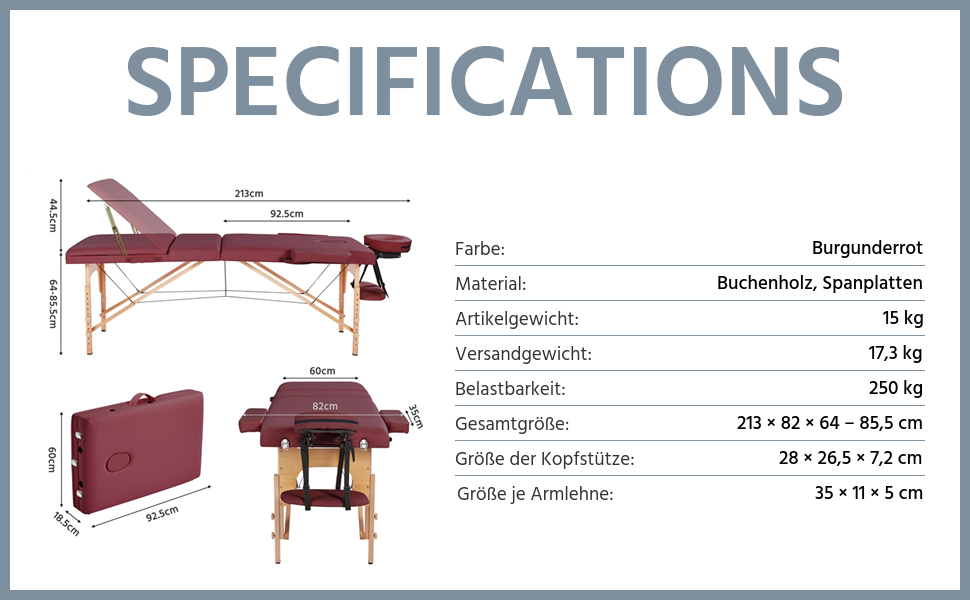 Зонний масажний стіл Yaheetech Портативна масажна лава Регульований по висоті масажний стіл з підголівником і знімними підлокітниками для фізіотерапії, бургундія, 3-