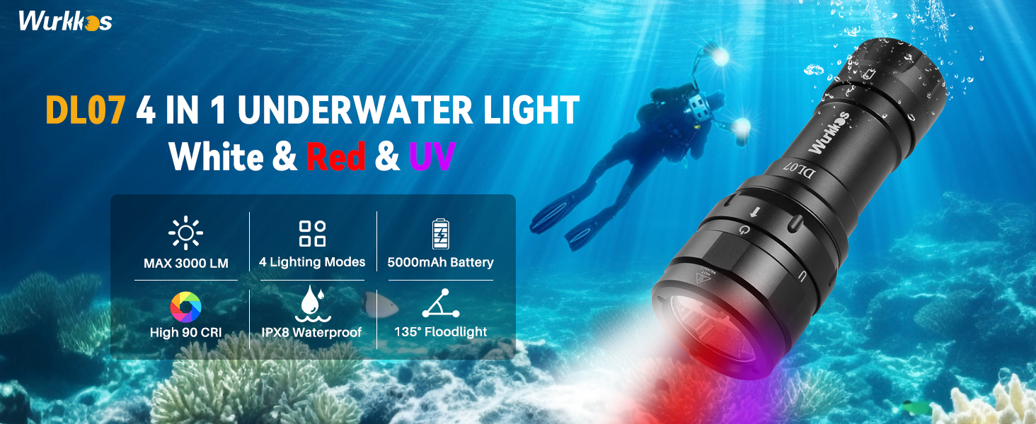 Ліхтар під водою Wurkkos DL07: 3000 люмен, 100 м, USB, з UV/Red світлом