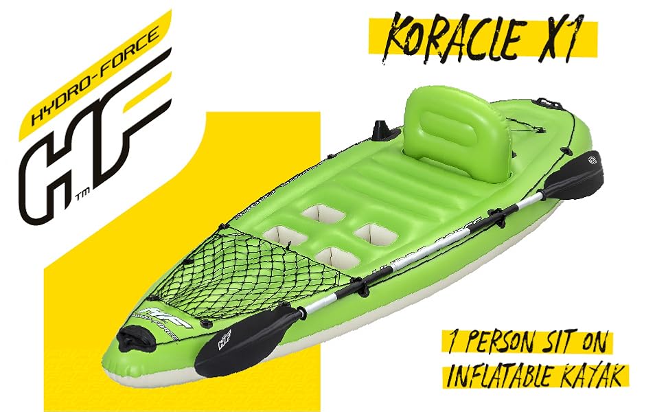 Надувний каяк Bestway Hydro-Force Koracle для риболовлі, комплект: ручний насос, весло, сумка, 1-місний човен, різні стилі