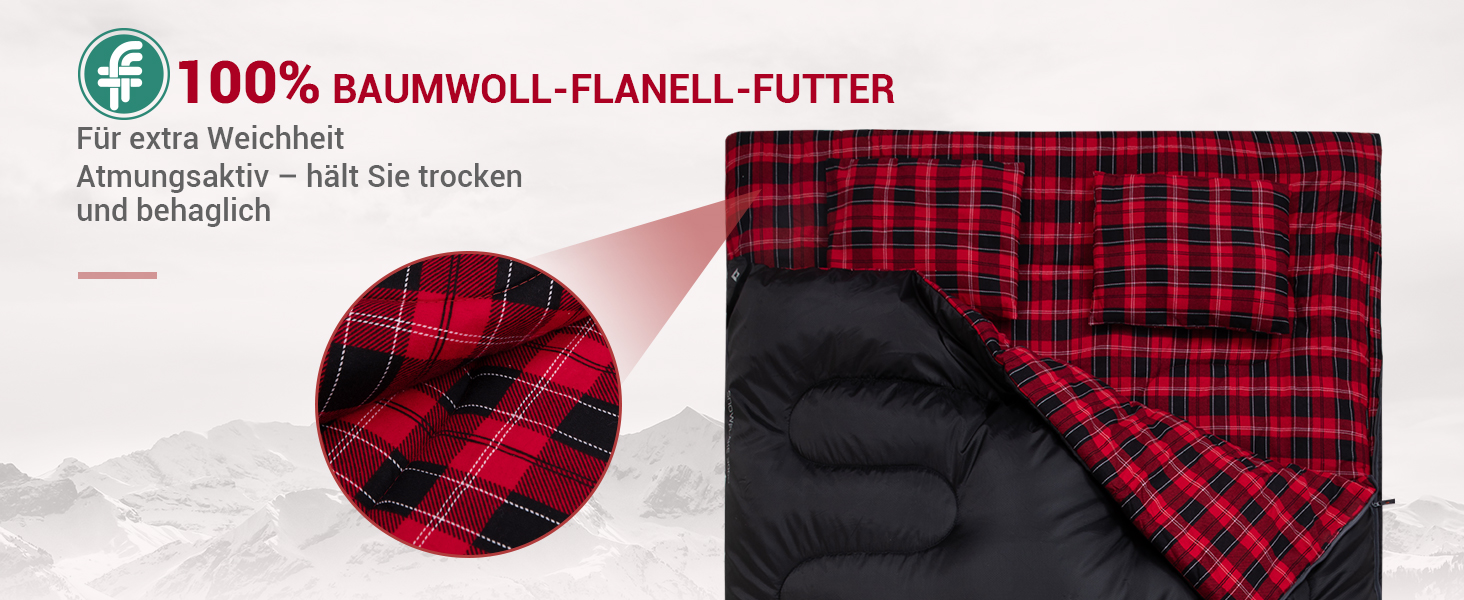 Спальний мішок KingCamp на 2 особи з фланелі, зимовий, для кемпінгу та відпочинку на природі, 3-4 сезони, з 2 подушками, підходить для дітей та дорослих (зелений)