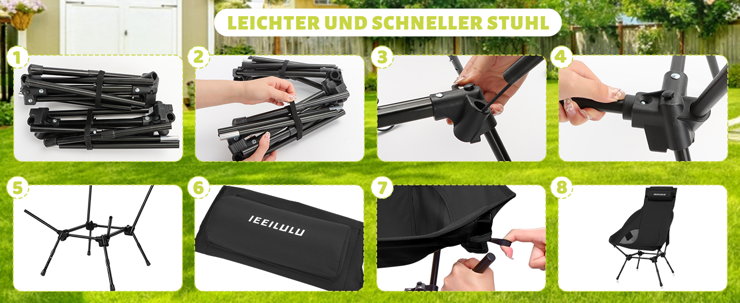 Складний туристичний стілець IEEILULU з високою спинкою, чорний. Макс. навантаження 130 кг, 2 кишені. Підходить для кемпінгу, риболовлі, пікніків та відпочинку на природі.