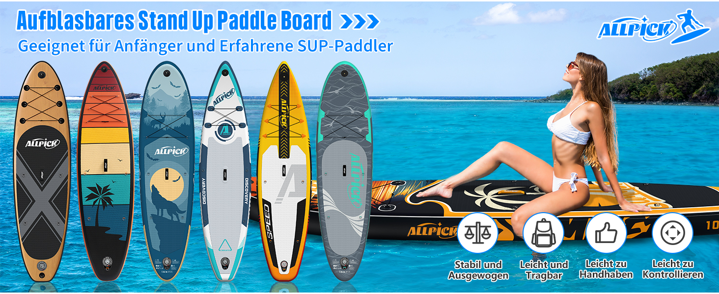 Набір SUP-дошки ALLPICK Premium: надувна дошка для сапсерфінгу з кріпленням для камери, повний комплект аксесуарів, регульоване весло, для початківців та досвідчених, 200 кг (Колір: Захід сонця - Оранжевий)