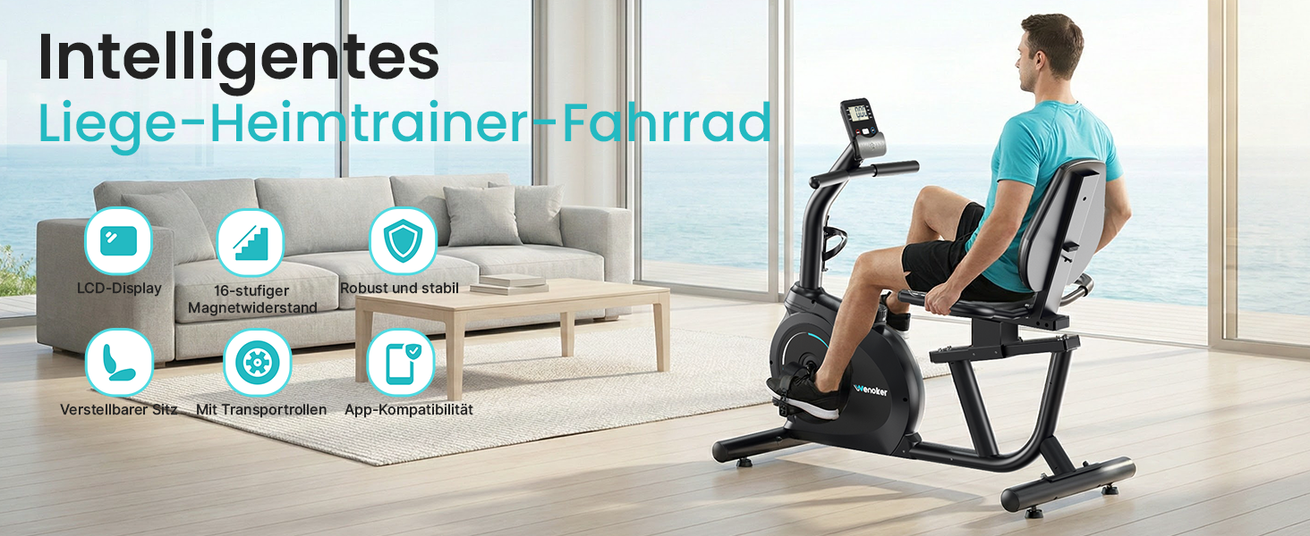 Ергометр Wenoker для дому з магнітною гальмом, датчиками пульсу та LCD-дисплеєм, 16 рівнів опору, до 160 кг, спинна опора, для літніх людей