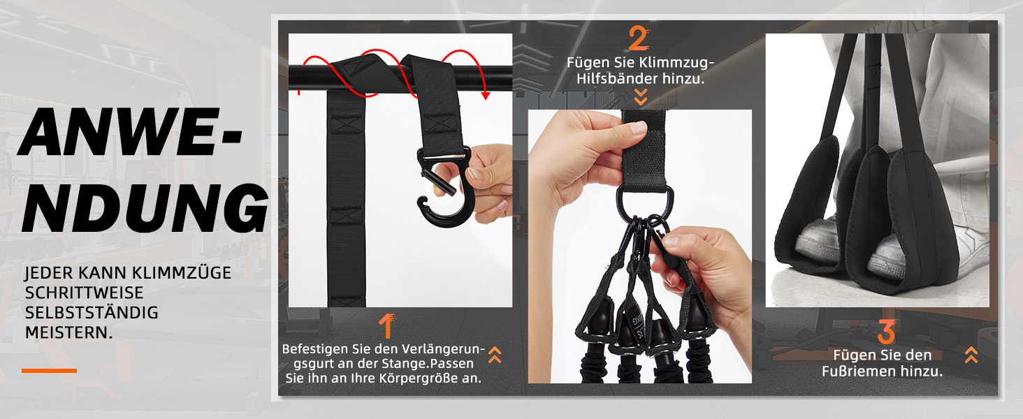 Смуги опору для підтягувань Klimmzughilfe, 50-350lbs, регульований опір та висота, з підставкою для ніг, чорні