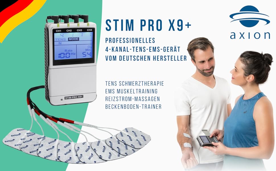 Пристрій TENS EMS STIM-PRO X9+ з 4 каналами та 8 електродних пелюшок 5x5 см для болісної терапії, масажу та нарощування м'язів. 4 канали, STIM-PRO X9+, axion® (2) X9, сертифікований медичний пристрій.