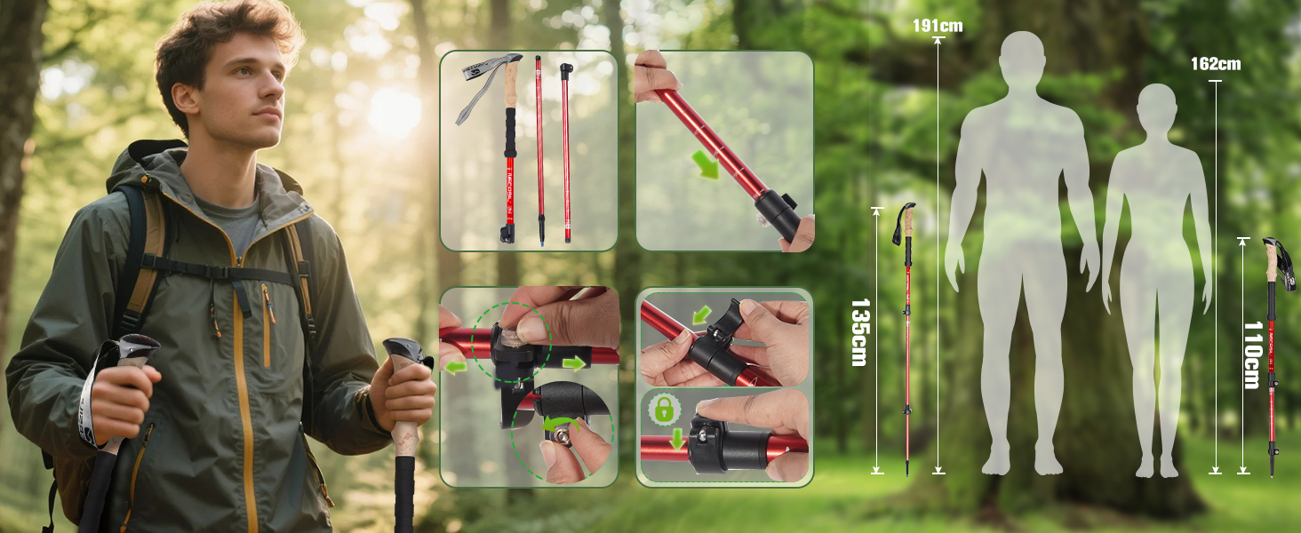 Телескопічні палиці для скандинавської ходьби з алюмінію, регульовані та складні, з корковими ручками для жінок та чоловіків, 62–135 см, червоні (Upgrade 2025)