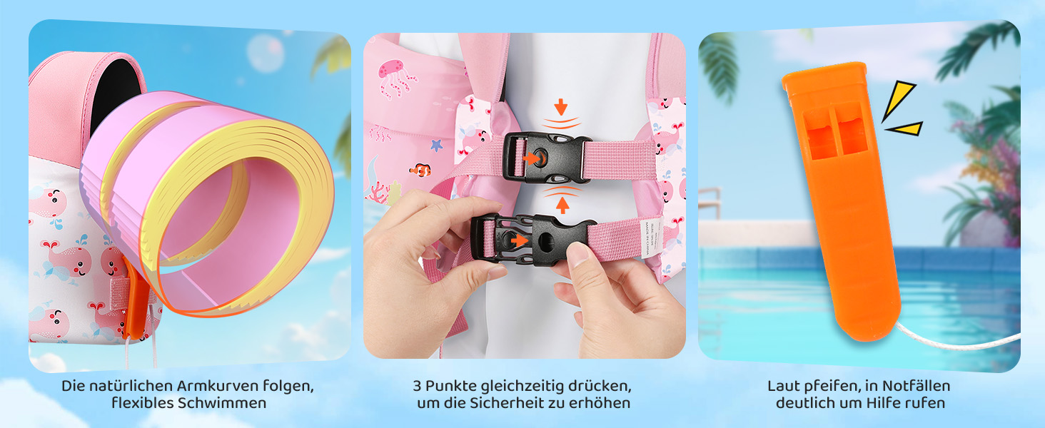 HeySplash Плавальні рукавики та жилет для дітей 15-30 кг, рожевий кит. Плавання для малюків, навчання плаванню, безпечний жилет з рукавиками, з свистком, регульовані ремінці, подвійна застібка.