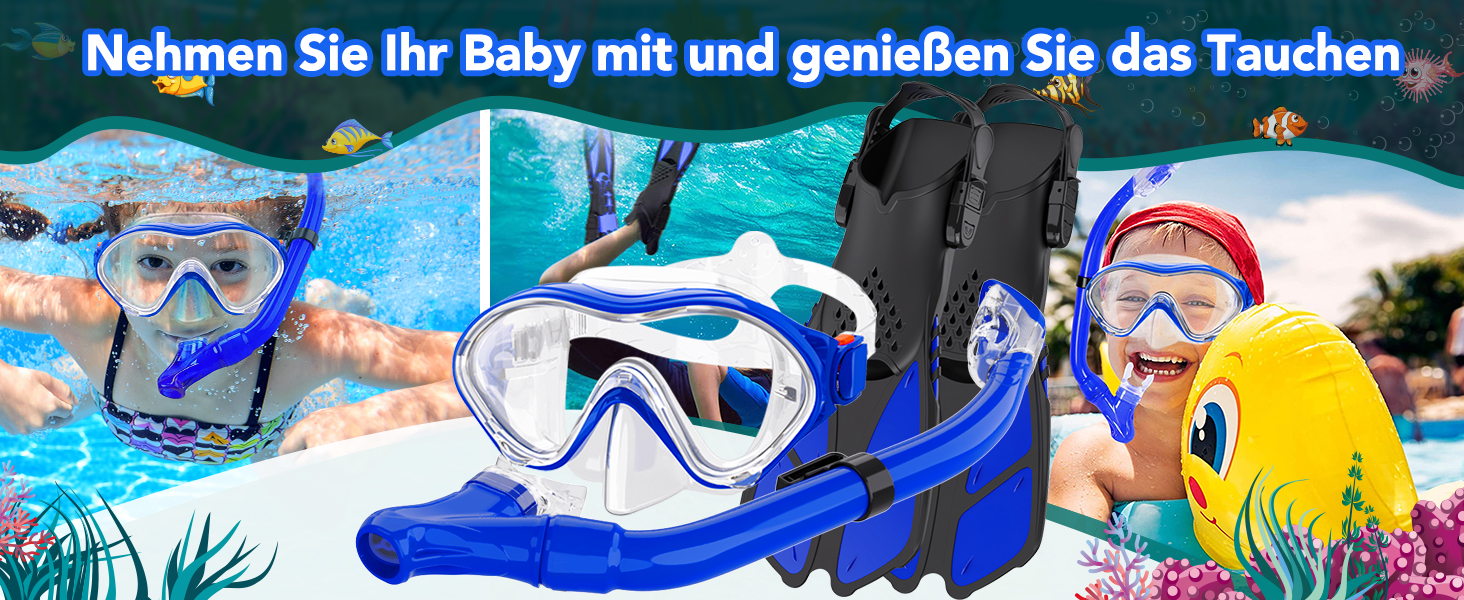 Набір для снорклінгу для дітей з ластами, маска з панорамою 180° та сухим снорклом, блакитний