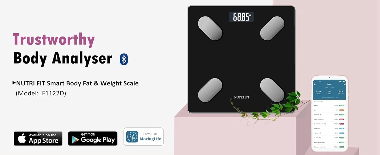 Вага NUTRI FIT для вимірювання жиру в тілі, розумна персональна вага з цифровим дисплеєм, вимірювання BMI, жиру, м'язів, води, склад тіла, LCD-дисплей, 150 кг, 26x26 см, чорний