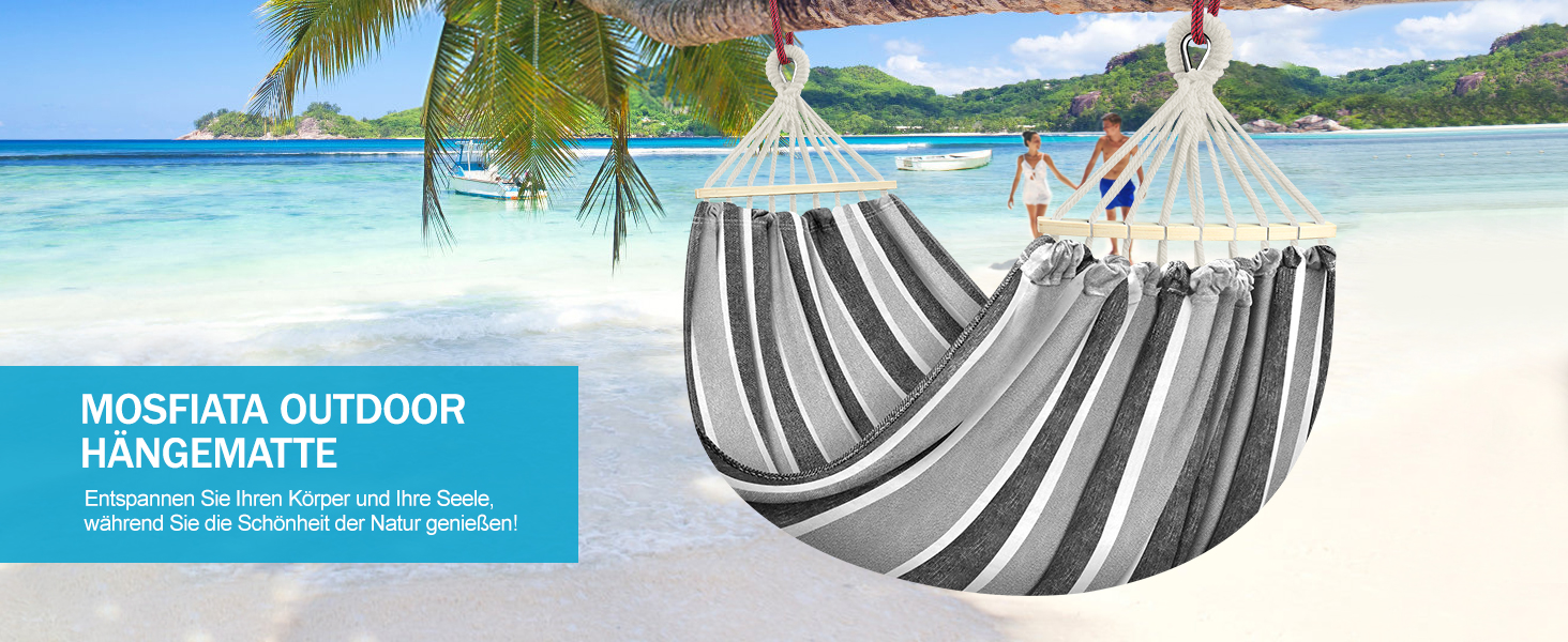 Гамак для відпочинку на відкритому повітрі: кемпінгу, балкону, тераси, саду. З дерев'яною перекладиною та сумкою для перенесення (сірий & білий)