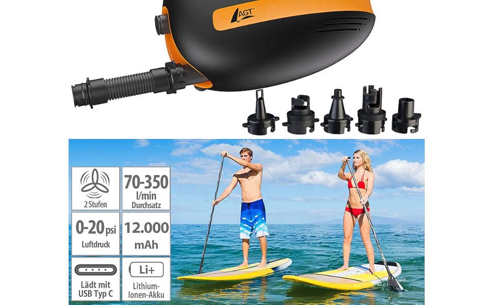 Акумуляторний насос для SUP-дошок AGT SUP: потужний компресор, 350 л/хв, 3 x 4000 mAh, USB, 12V