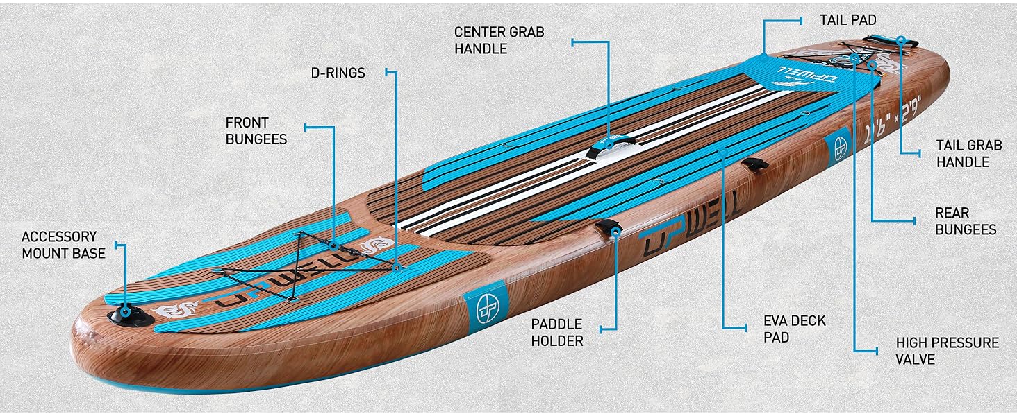 Надувний SUP-борд UPWELL Premium Stand Up Paddling Board з комплектом: сидіння, кріплення для камери, весло, 204 кг, для 2 осіб, 350x84x15 см