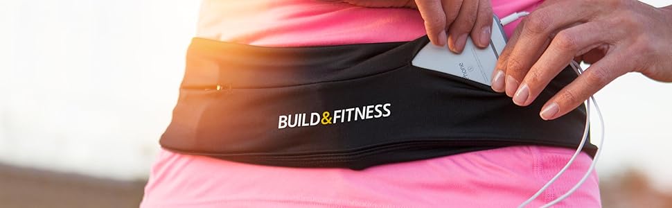 Сумка-пояс для бігу та фітнесу Build & Fitness з регульованим поясом, тримачем для ключів, чорна (60-122 см)