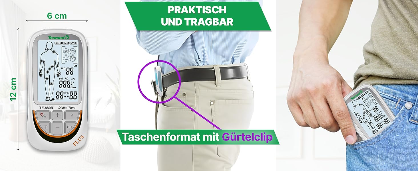 TESMED TE-880R Plus: Музелелектричний стимулятор TENS EMS, пристрій для зняття болю та масажу, 73 програми (2 налаштовуються), 8 електродів