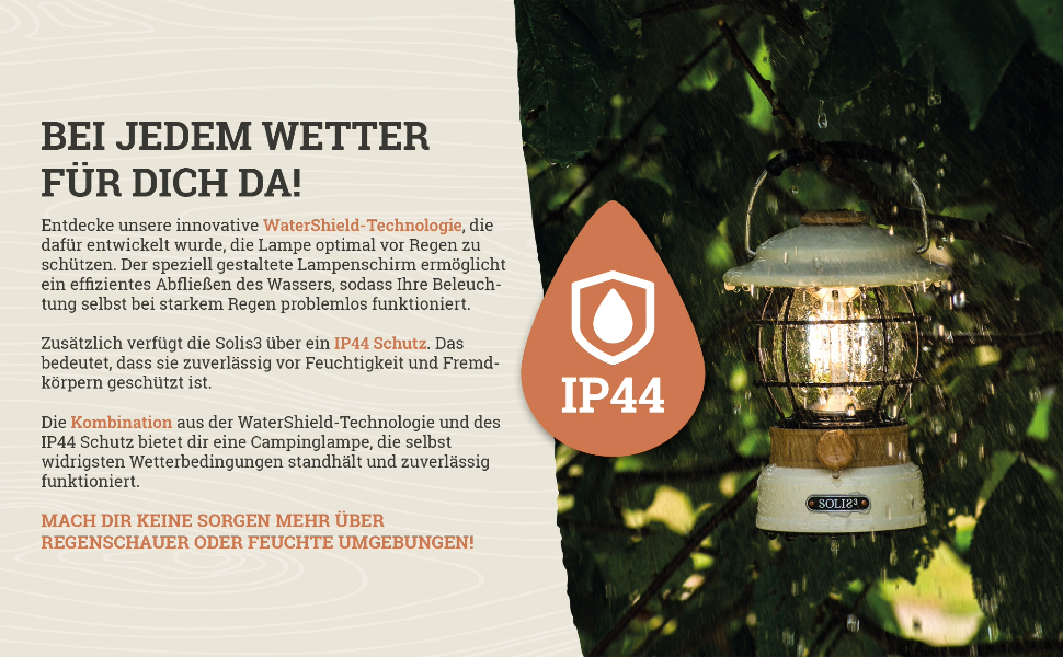 Solis 3 LED кемпінгова лампа з Powerbank, 8000mAh, IP44, регульоване світло, для піших прогулянок (кремовий, ефект дерева)