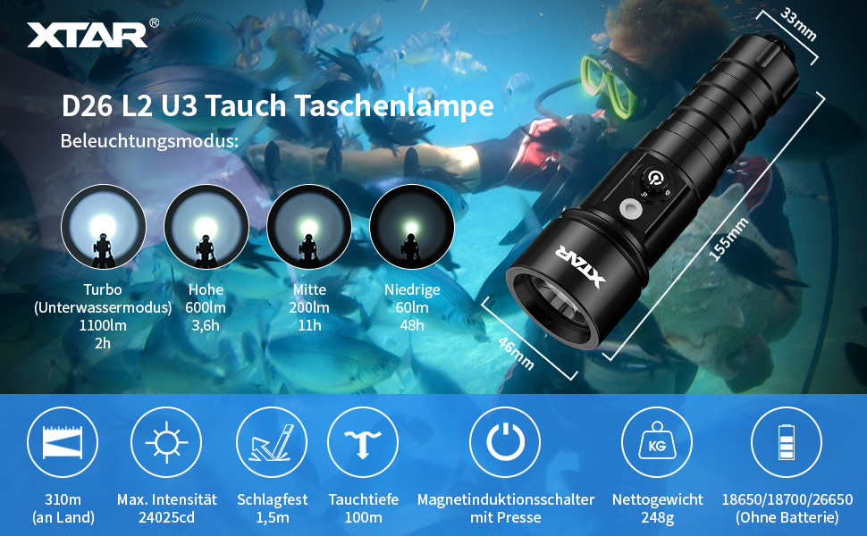 Ліхтар Xtar D26 для підводної фотографії, 1100 Lm, водонепроникний до 100 м, з бічним перемикачем