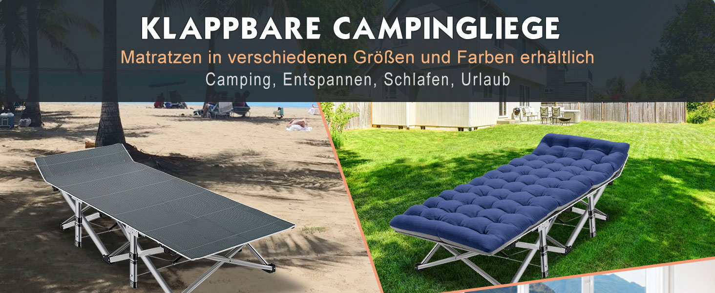 Розкладне кемпінгове ліжко MOPHOTO з матом – до 200 кг, 190x71x36 см, широке, для відпочинку на природі, сіре