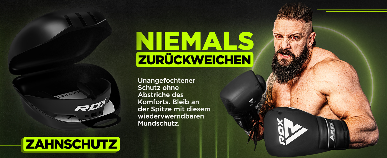 Капа для захисту зубів RDX для бойових видів спорту, MMA, кікбоксингу, хокею, футболу, м'яку рукавичку, регбі. Зручна коробка для зберігання. Для дорослих (від 12 років). Чорний колір.