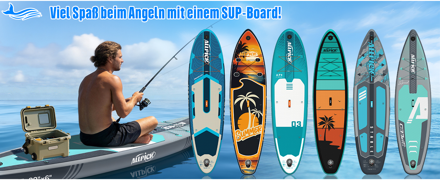 ALLPICK SUP Board Premium набір: Дошка для Stand Up Paddling надувна, з кріпленням для камери, повний комплект аксесуарів, регульоване весло, для початківців та просунутих, вантажопідйомність 200 кг, сіро-зелений