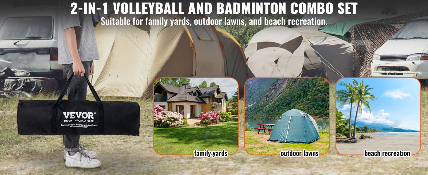 Мережа для волейболу та бадмінтону VEVOR, регульована по висоті, 91,44 x 970 см, портативна, оранжева, складана, з сумкою та ракеткою для бадмінтону