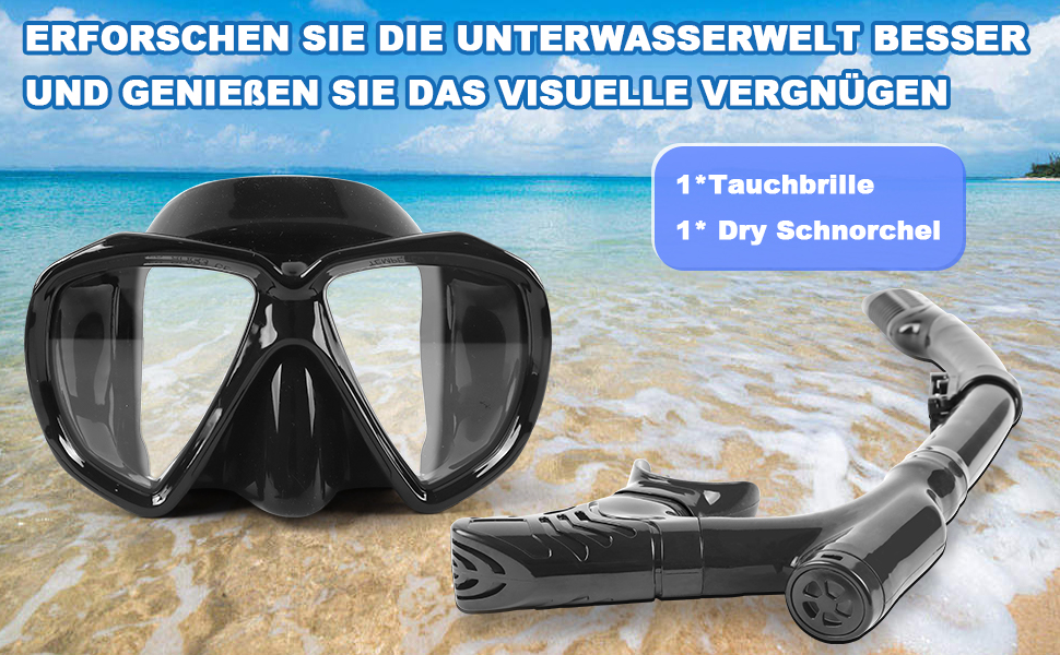 Набір для снорклінгу для дорослих та дітей: маска та трубка Dry, антизапітніння, анти-тік, чорний