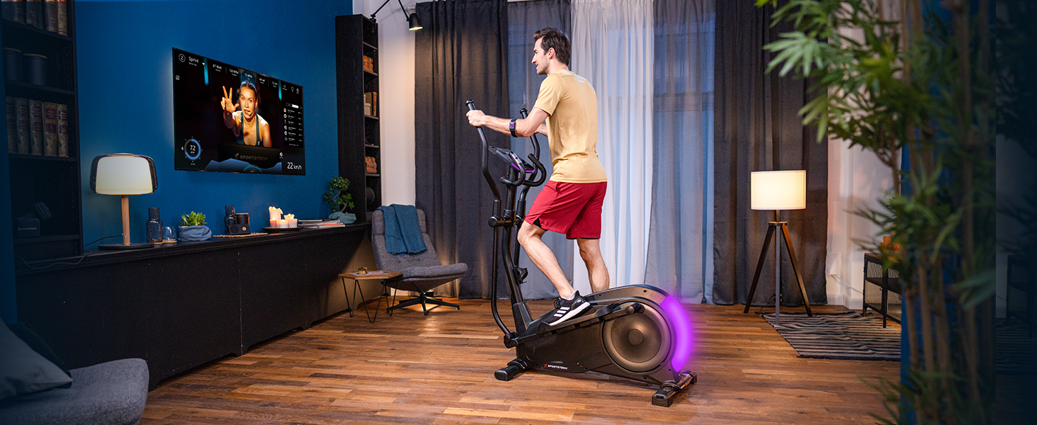 Еліптичний тренажер Sportstech CX700 для дому: 24 кг маховик, 24 рівні опору, LED дисплей, Bluetooth, пульсомір | Чорний