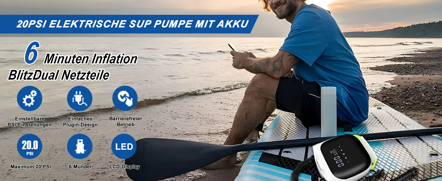 Електрична повітряна помпа SUP з акумулятором 4000mAh, 20PSI, для SUP-дошок, каяків, надувних матраців, наметів, драконів. Автоматичне вимкнення, перезаряджається.