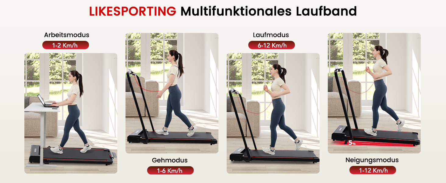 Електричний біговий тренажер складний, для дому з нахилом 5%, швидкість 12 км/год, 1400W, LCD-дисплей, чорний