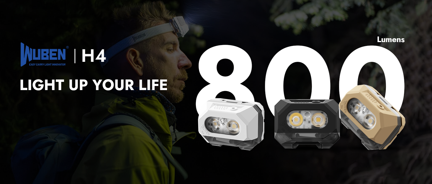 WUBEN H4 - LED налобний ліхтар, 800 люмен, IP68, 10 режимів, червоне світло, для кемпінгу, риболовлі та піших прогулянок, чорний