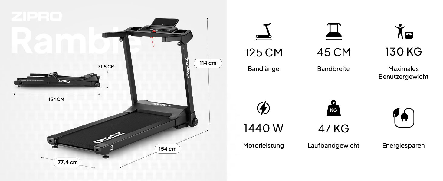 Біговий тренажер ZIPRO Klappbar: 1-16 км/год, 12 рівнів нахилу, LED-дисплей, компактний та тихий, з додатком