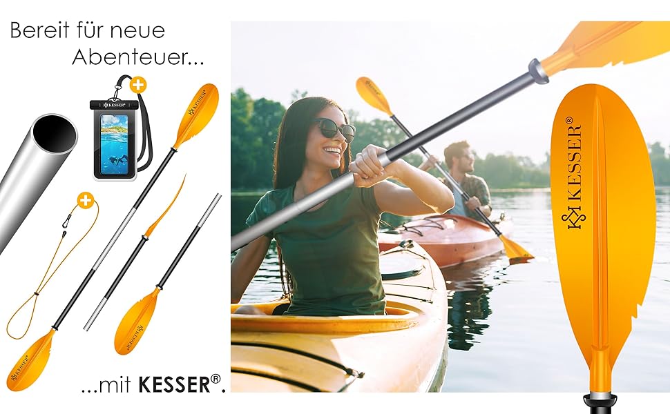 Весло KESSER® Paddle Doppelpaddel з 4 частин для каяка, SUP, стенд-ап паділбордингу, 228 см, алюміній. Підходить для надувного човна, весло для стенд-ап паділбордингу. В комплекті: страховий шнур, чохол для телефону, надувне весло Orange