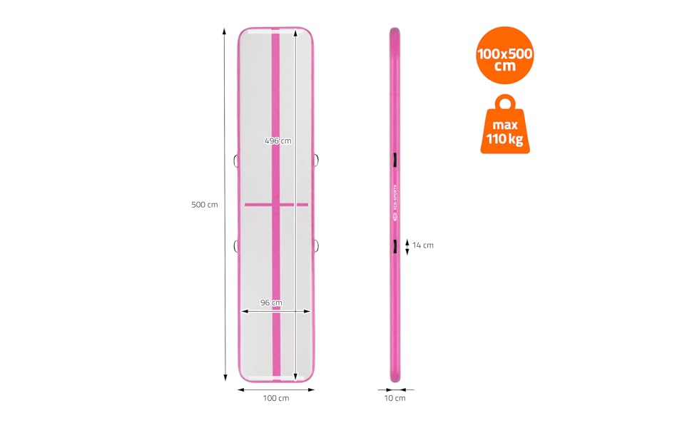 Гімнастичний мат Airtrack ECD Germany для тумблінгу та фітнесу, надувний повітряний тренажер (500 x 100 x 10 см), рожевий, з електричним насосом та сумкою
