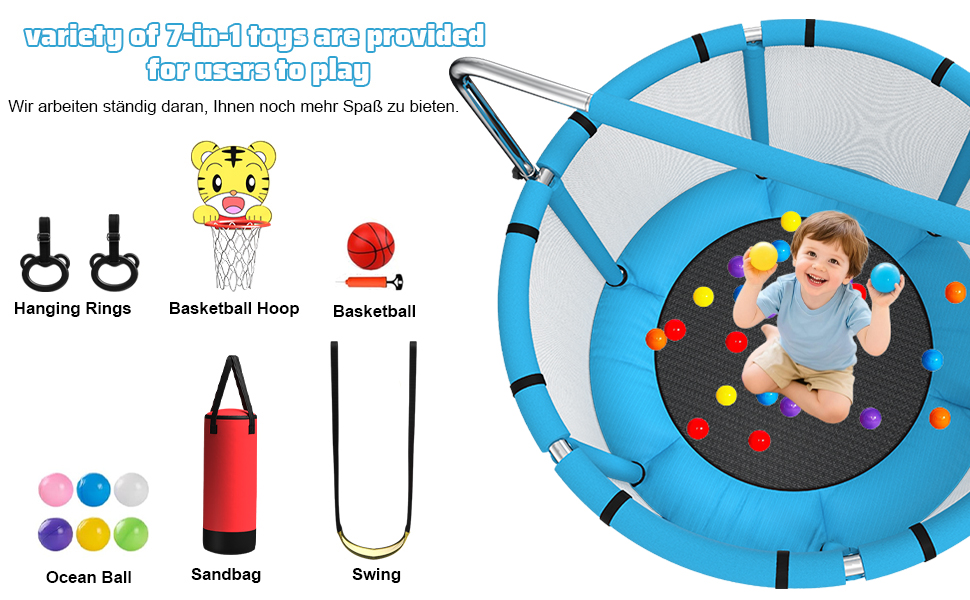 Дитячий батут з сіткою безпеки, регульованою перекладиною та гойдалкою, для хлопчиків та дівчаток 3-6 років (Рожевий)